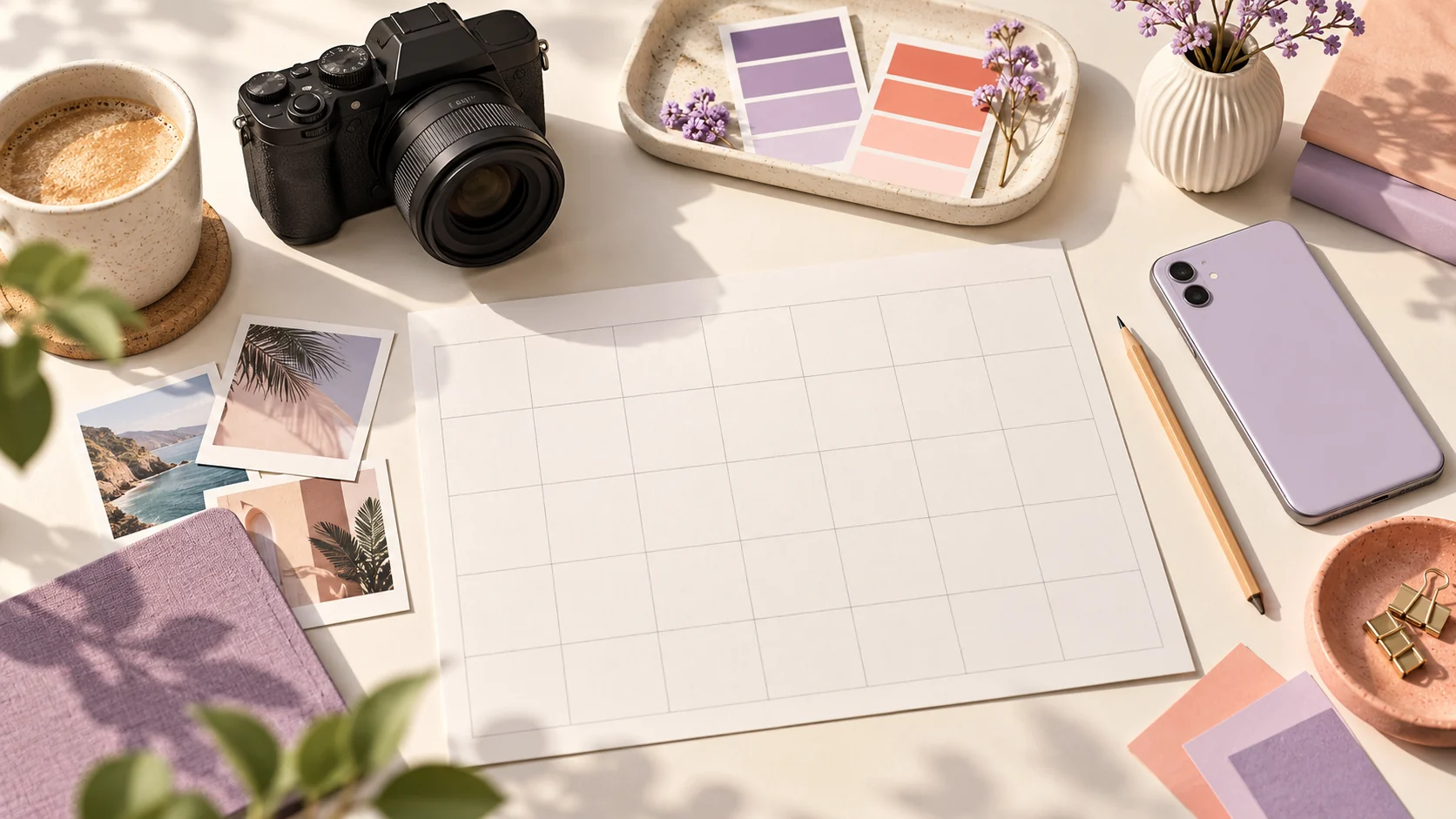 Blank content calendar, camera, pencil, and color swatches on a creator desk