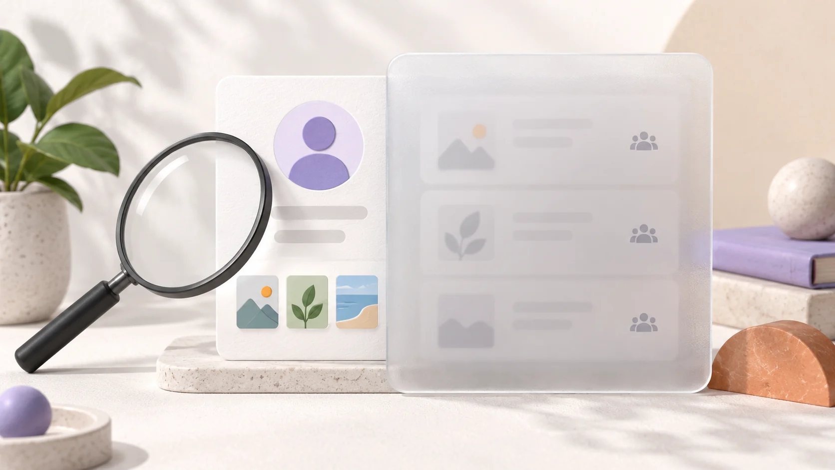 Magnifying glass beside a public profile card and a frosted panel concealing restricted posts