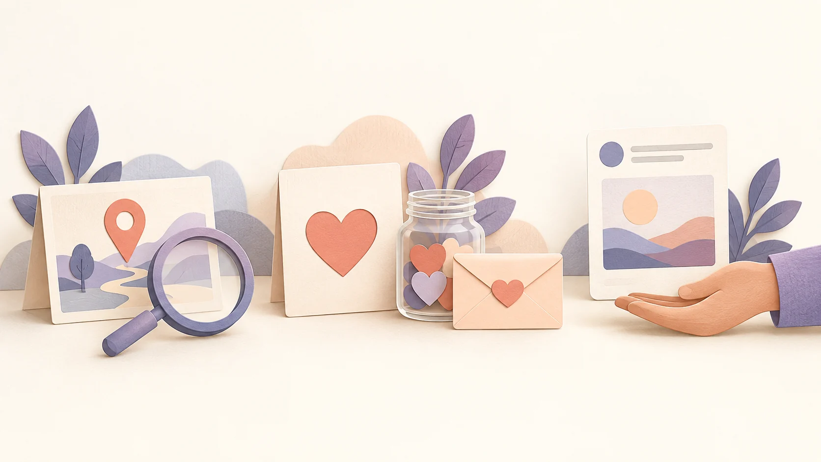 Paper fundraiser illustration with a magnified location card, cause card, donation jar, envelope, and campaign page
