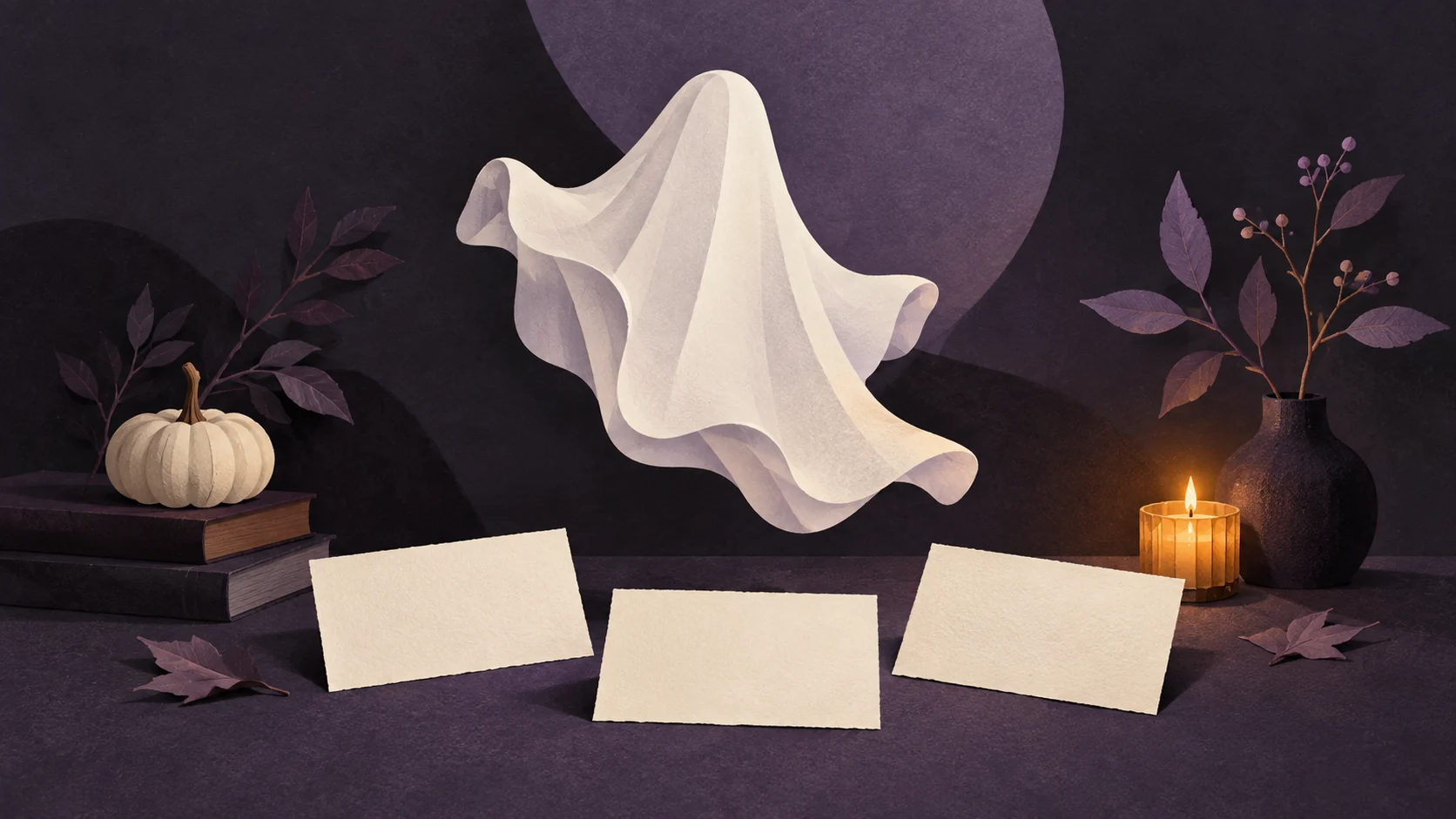 Abstract white ghost above blank caption cards, with a pumpkin and candle