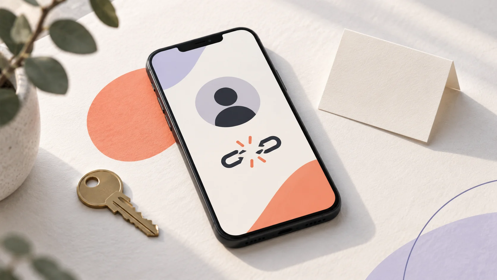 Phone with a generic account symbol and broken link beside a key and blank note