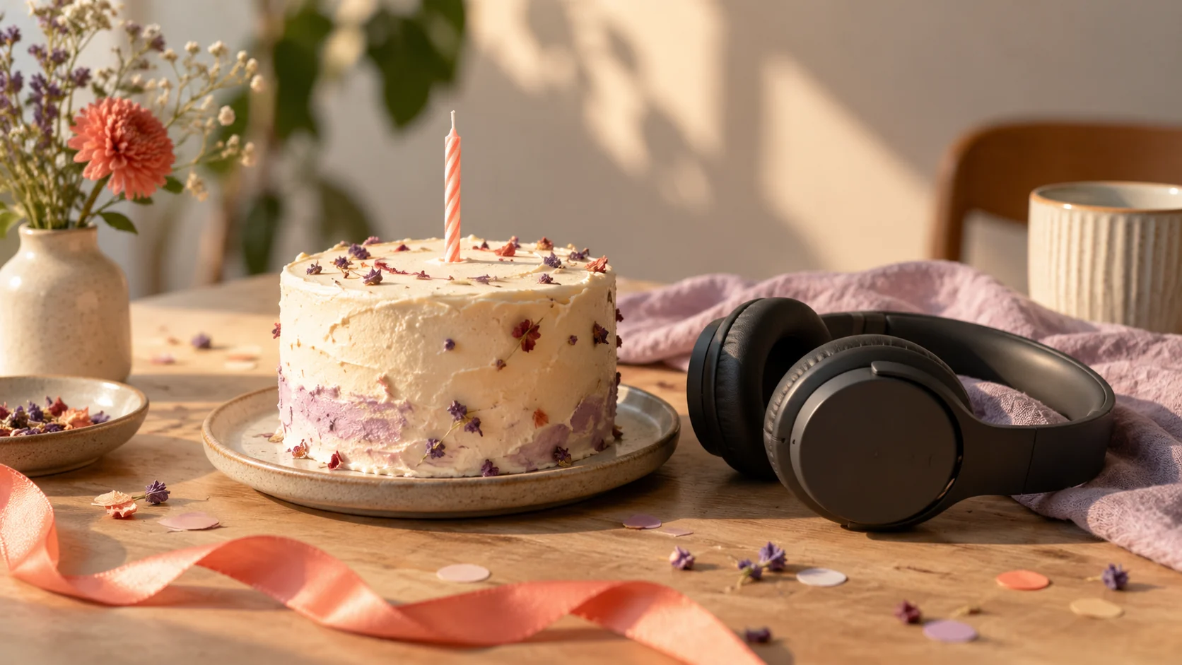 Birthday cake with one candle beside headphones, ribbon, and confetti